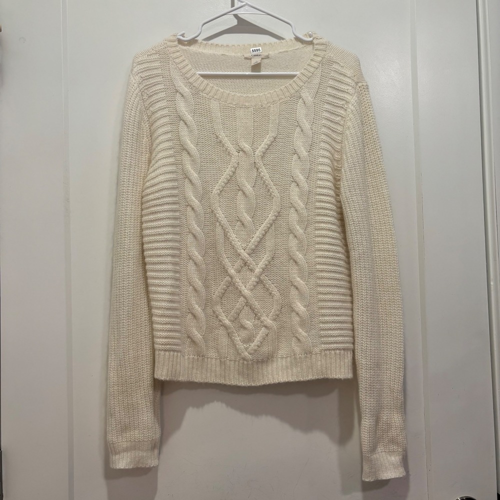 Caslon Cream Cable Knit Angora Wool Blend Crew Neck Sweater Large